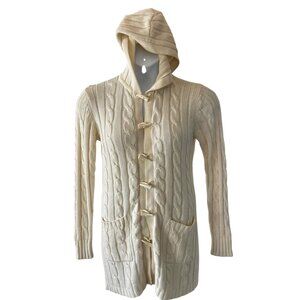 Debbie Morgan Hooded Cable Knit Cardigan Sweater Medium Toggle Closures Pockets